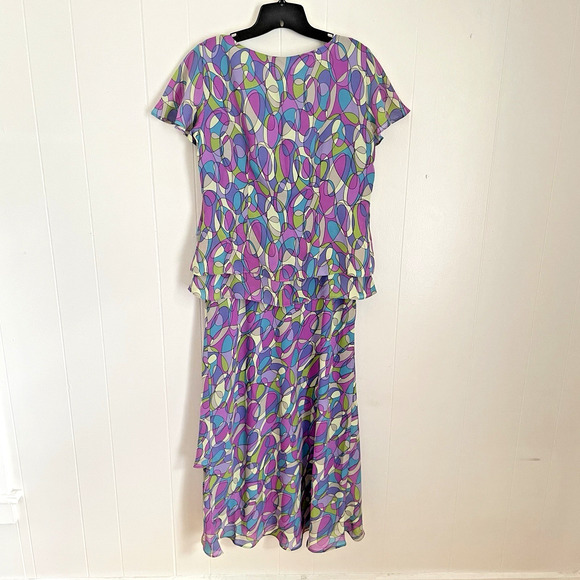 Y2K Flutter Sleeve Tiered Maxi Dress Purple Psychedelic Swirl Ruffle 80s Style M - Picture 2 of 7